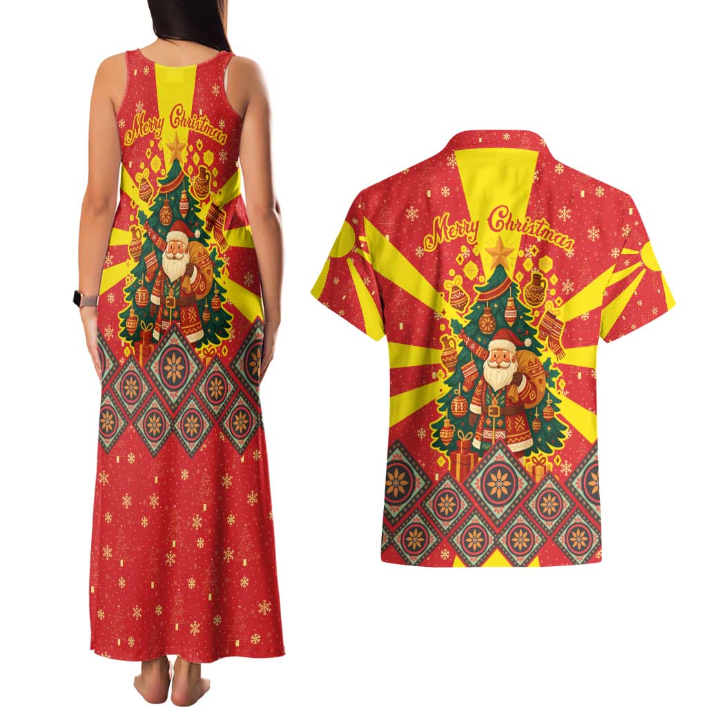 Macedonia Christmas Couples Matching Tank Maxi Dress and Hawaiian Shirt with Yellow Sun, Santa, and Festive Tree Motif - Wonder Print Shop