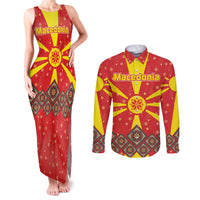 Macedonia Christmas Couples Matching Tank Maxi Dress and Long Sleeve Button Shirt with Yellow Sun, Santa, and Festive Tree Motif - Wonder Print Shop