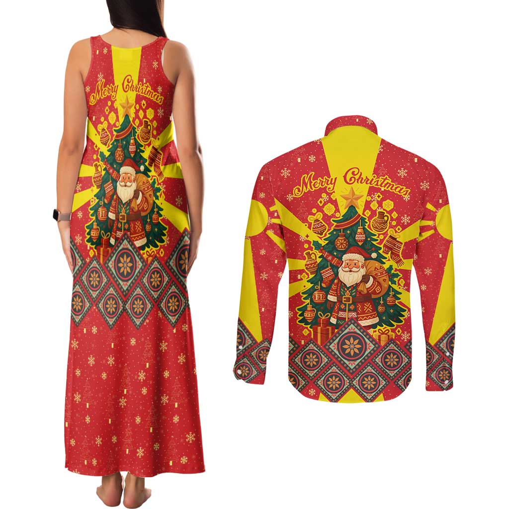 Macedonia Christmas Couples Matching Tank Maxi Dress and Long Sleeve Button Shirt with Yellow Sun, Santa, and Festive Tree Motif - Wonder Print Shop
