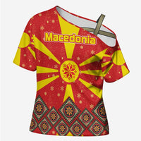 Macedonia Christmas Cross Shoulder Shirt with Yellow Sun, Santa, and Festive Tree Motif - Wonder Print Shop