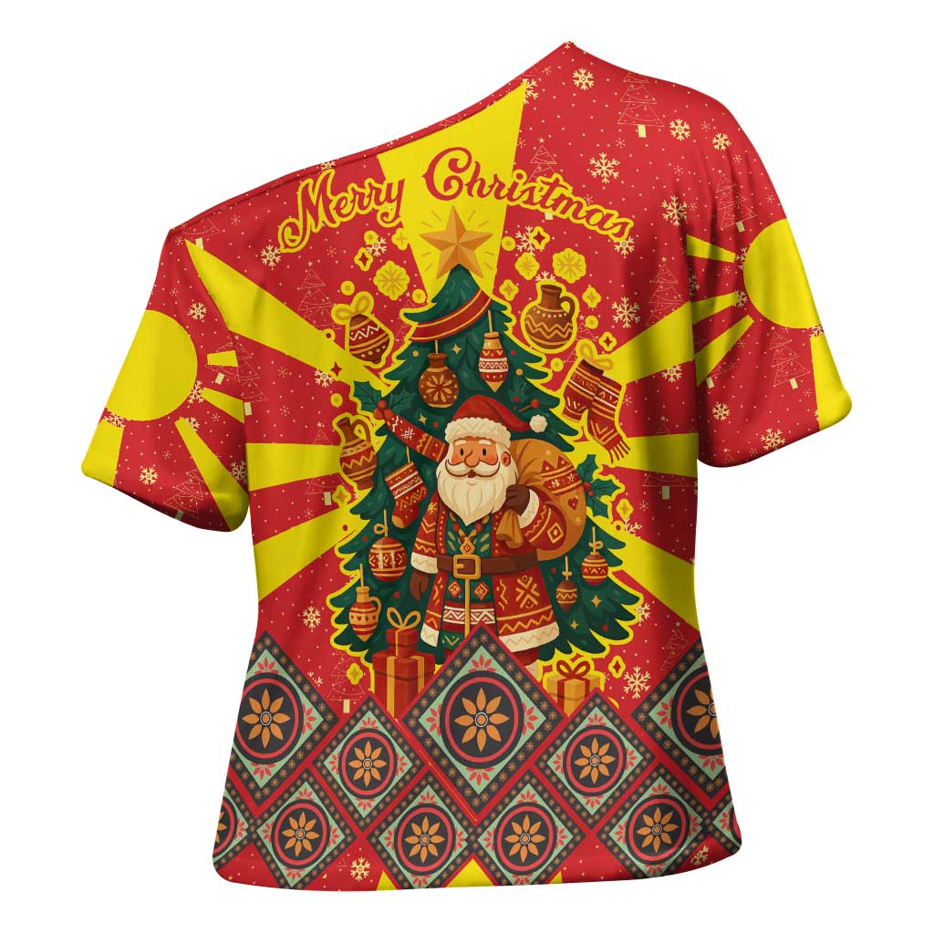 Macedonia Christmas Cross Shoulder Shirt with Yellow Sun, Santa, and Festive Tree Motif - Wonder Print Shop