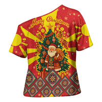 Macedonia Christmas Cross Shoulder Shirt with Yellow Sun, Santa, and Festive Tree Motif - Wonder Print Shop