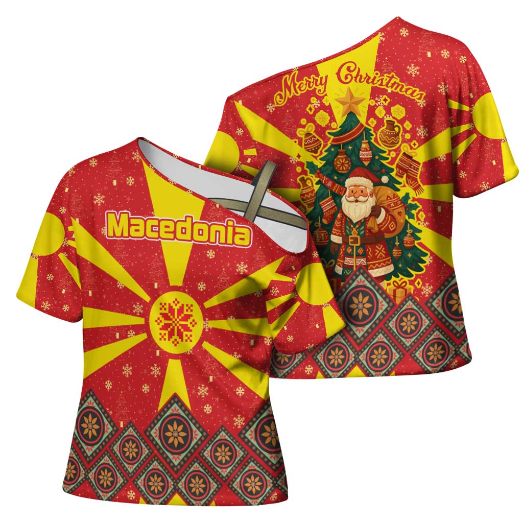 Macedonia Christmas Cross Shoulder Shirt with Yellow Sun, Santa, and Festive Tree Motif - Wonder Print Shop