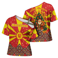 Macedonia Christmas Cross Shoulder Shirt with Yellow Sun, Santa, and Festive Tree Motif - Wonder Print Shop