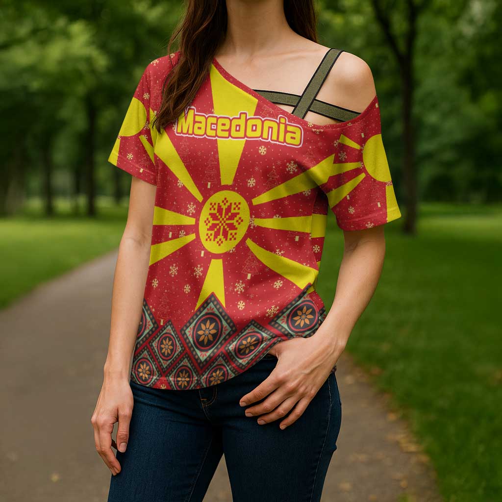 Macedonia Christmas Cross Shoulder Shirt with Yellow Sun, Santa, and Festive Tree Motif - Wonder Print Shop