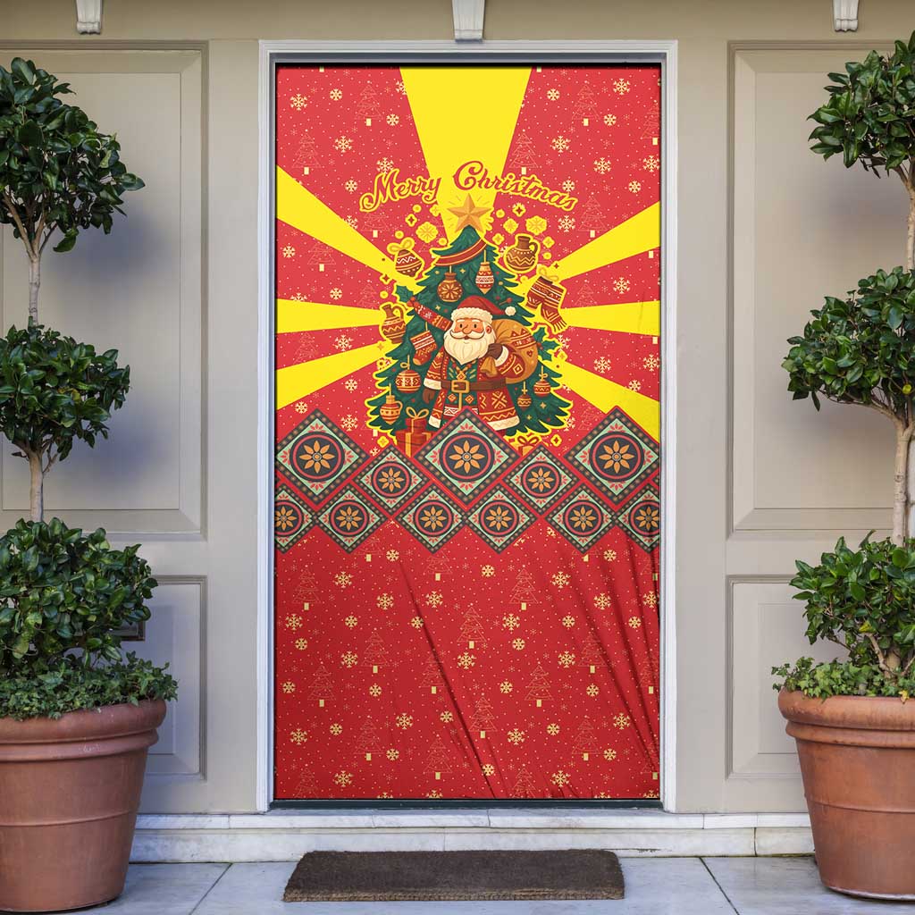 Macedonia Christmas Door Cover with Yellow Sun, Santa, and Festive Tree Motif - Wonder Print Shop