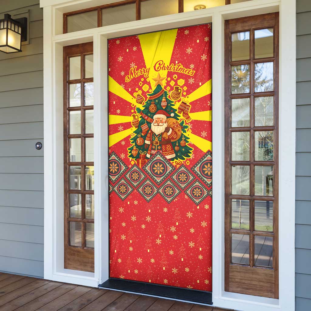 Macedonia Christmas Door Cover with Yellow Sun, Santa, and Festive Tree Motif - Wonder Print Shop
