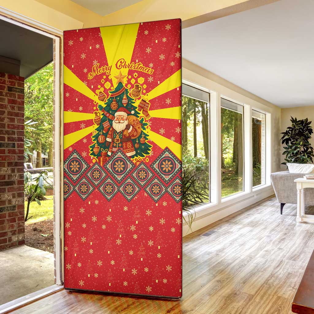 Macedonia Christmas Door Cover with Yellow Sun, Santa, and Festive Tree Motif - Wonder Print Shop