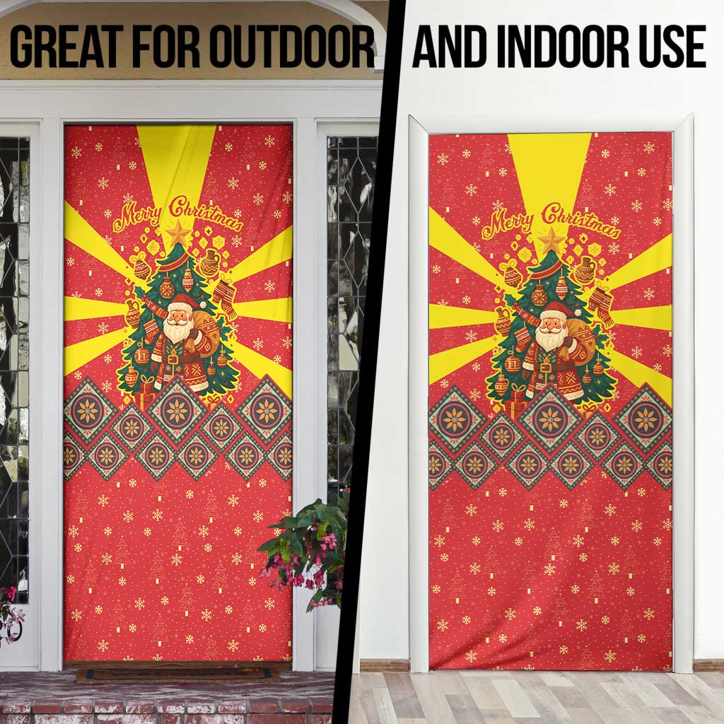 Macedonia Christmas Door Cover with Yellow Sun, Santa, and Festive Tree Motif - Wonder Print Shop