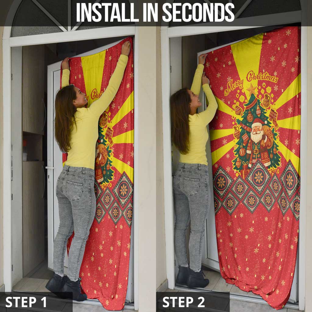 Macedonia Christmas Door Cover with Yellow Sun, Santa, and Festive Tree Motif - Wonder Print Shop
