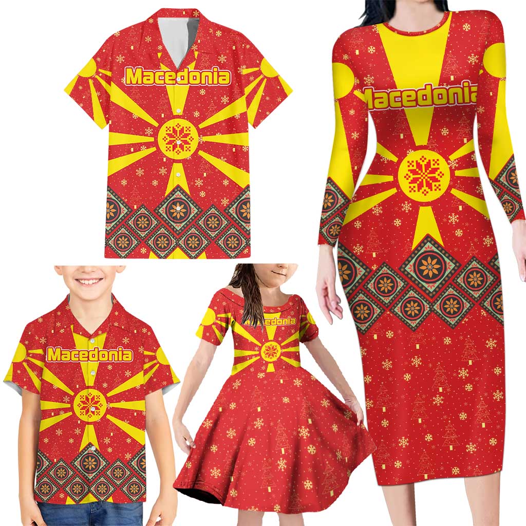 Macedonia Christmas Family Matching Long Sleeve Bodycon Dress and Hawaiian Shirt with Yellow Sun, Santa, and Festive Tree Motif - Wonder Print Shop