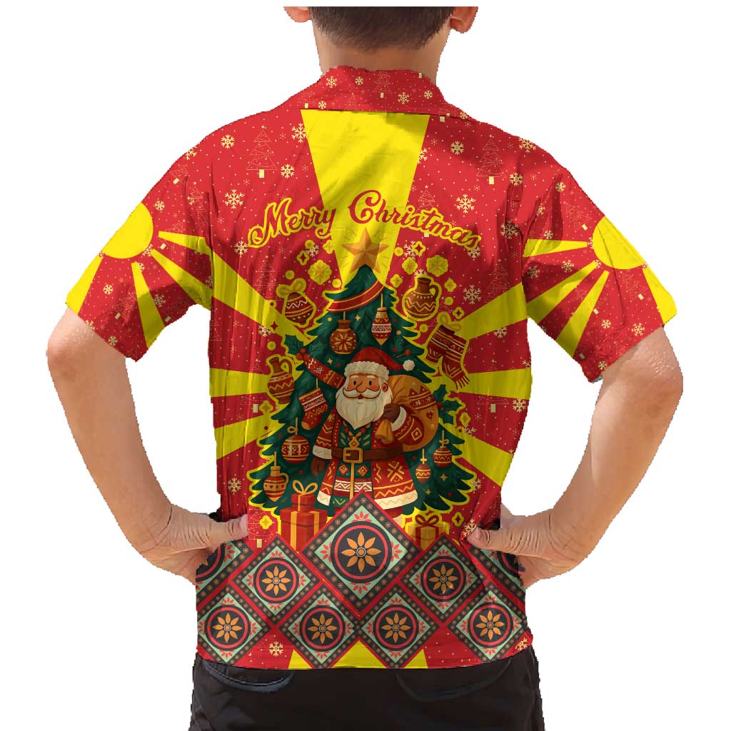 Macedonia Christmas Family Matching Mermaid Dress and Hawaiian Shirt with Yellow Sun, Santa, and Festive Tree Motif - Wonder Print Shop