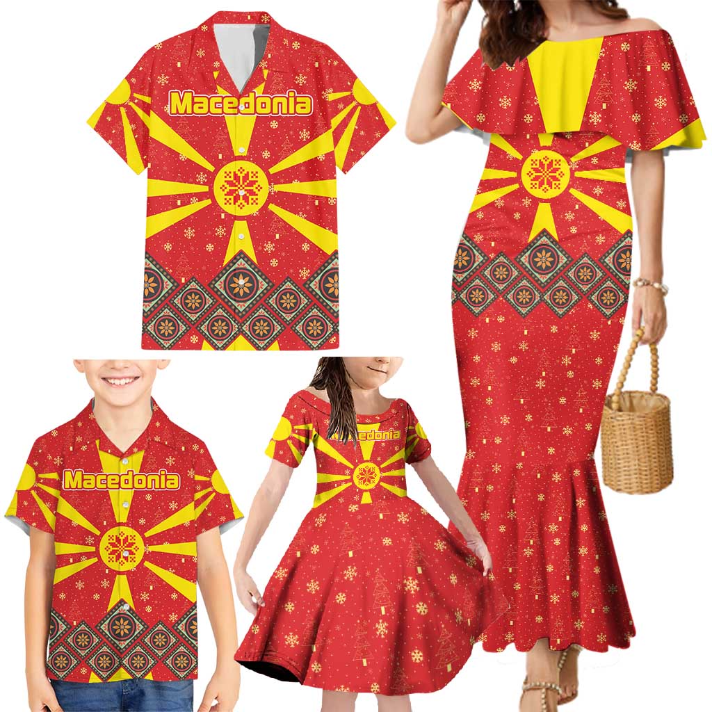 Macedonia Christmas Family Matching Mermaid Dress and Hawaiian Shirt with Yellow Sun, Santa, and Festive Tree Motif - Wonder Print Shop