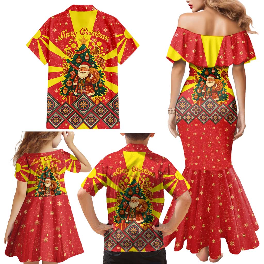 Macedonia Christmas Family Matching Mermaid Dress and Hawaiian Shirt with Yellow Sun, Santa, and Festive Tree Motif - Wonder Print Shop