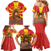 Macedonia Christmas Family Matching Mermaid Dress and Hawaiian Shirt with Yellow Sun, Santa, and Festive Tree Motif - Wonder Print Shop