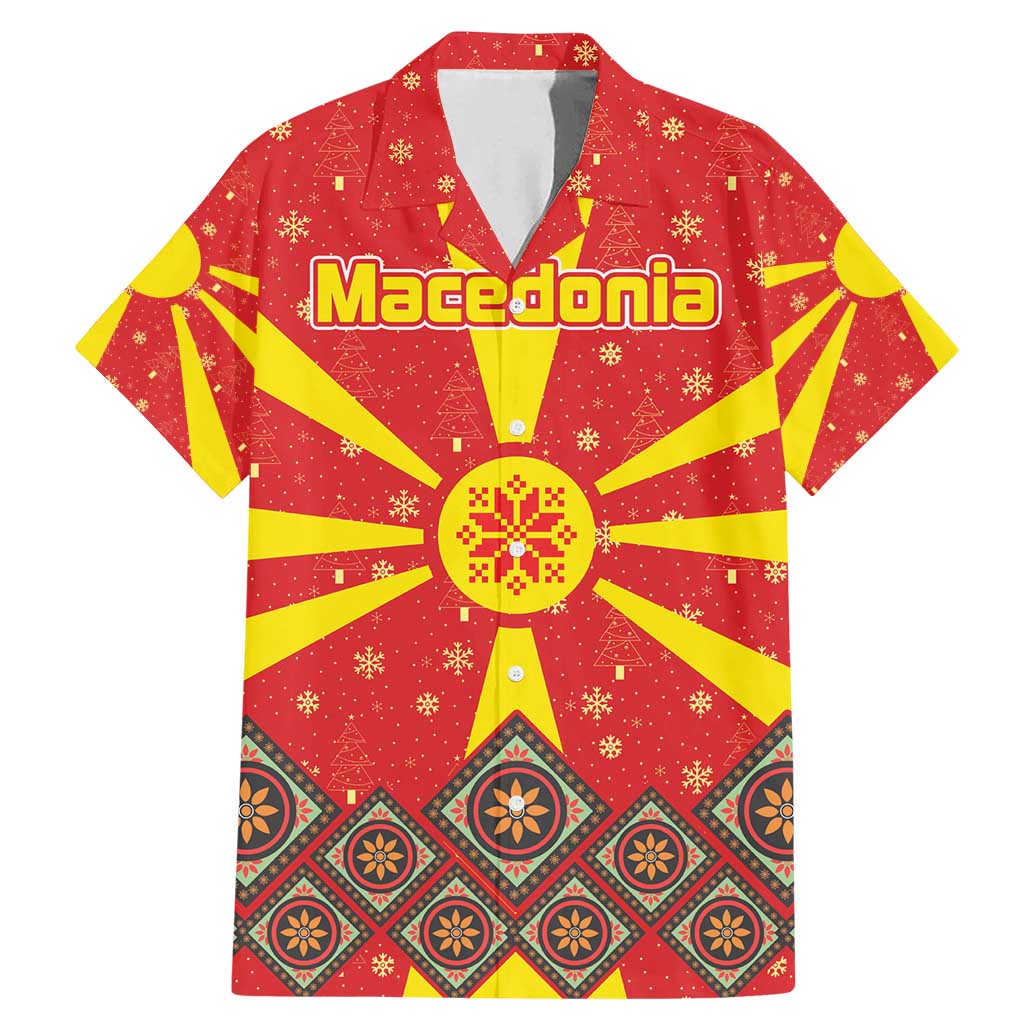 Macedonia Christmas Family Matching Mermaid Dress and Hawaiian Shirt with Yellow Sun, Santa, and Festive Tree Motif - Wonder Print Shop