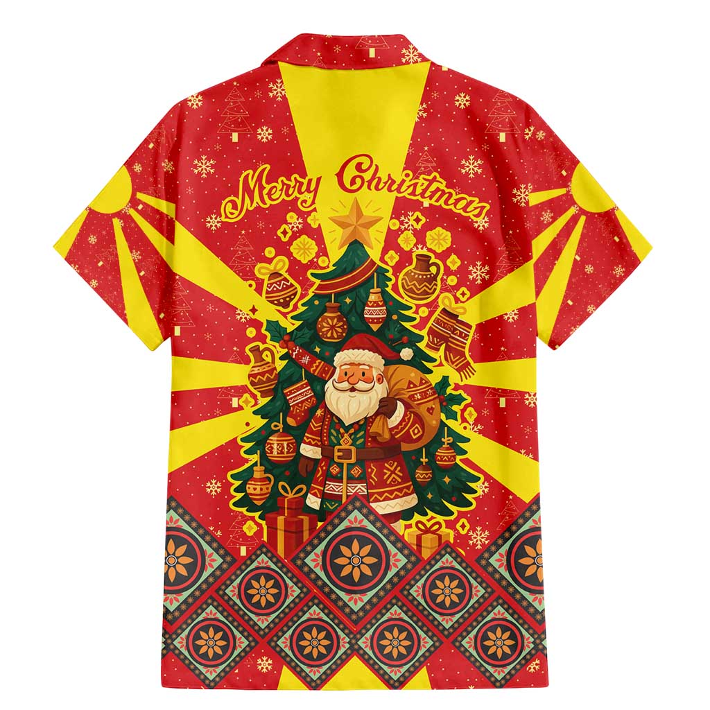 Macedonia Christmas Family Matching Mermaid Dress and Hawaiian Shirt with Yellow Sun, Santa, and Festive Tree Motif - Wonder Print Shop
