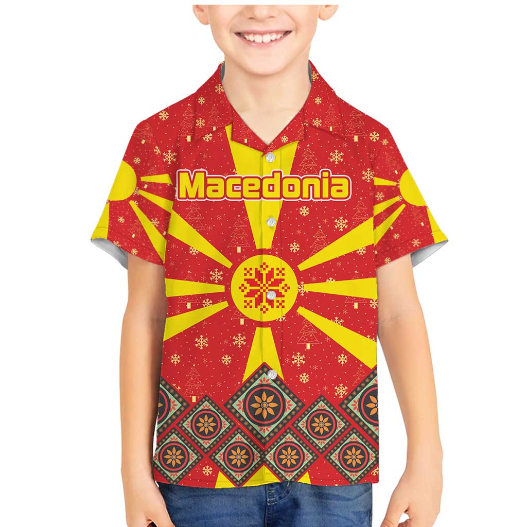 Macedonia Christmas Family Matching Mermaid Dress and Hawaiian Shirt with Yellow Sun, Santa, and Festive Tree Motif - Wonder Print Shop