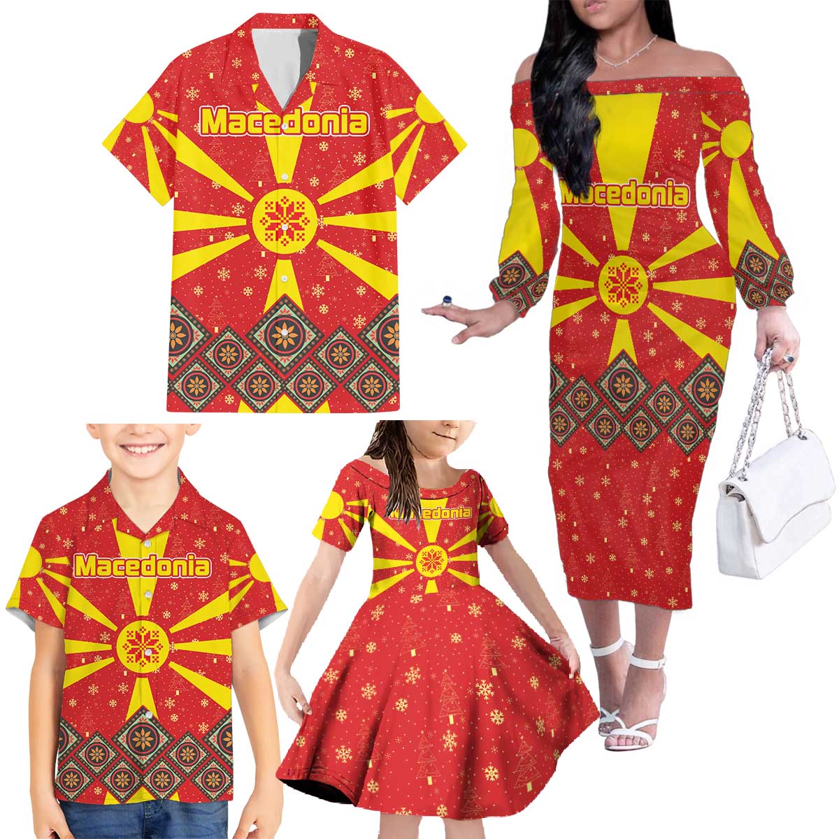 Macedonia Christmas Family Matching Off The Shoulder Long Sleeve Dress and Hawaiian Shirt with Yellow Sun, Santa, and Festive Tree Motif - Wonder Print Shop
