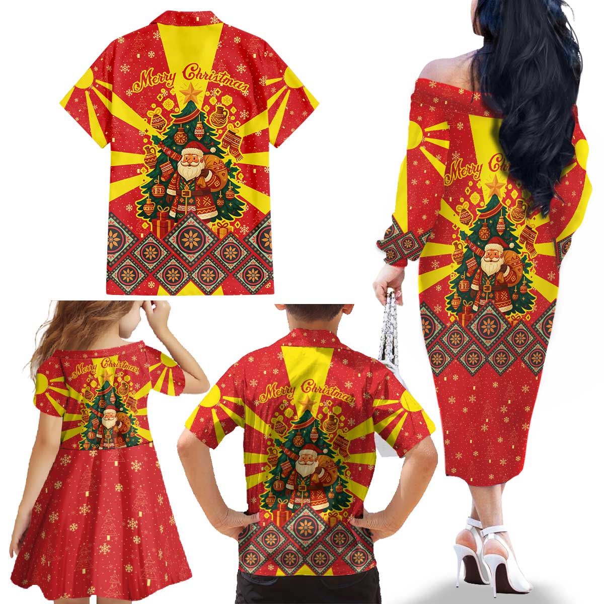 Macedonia Christmas Family Matching Off The Shoulder Long Sleeve Dress and Hawaiian Shirt with Yellow Sun, Santa, and Festive Tree Motif - Wonder Print Shop