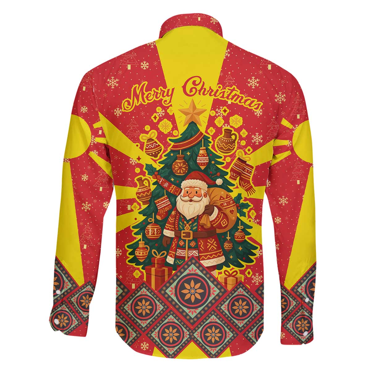 Macedonia Christmas Family Matching Off The Shoulder Long Sleeve Dress and Hawaiian Shirt with Yellow Sun, Santa, and Festive Tree Motif - Wonder Print Shop