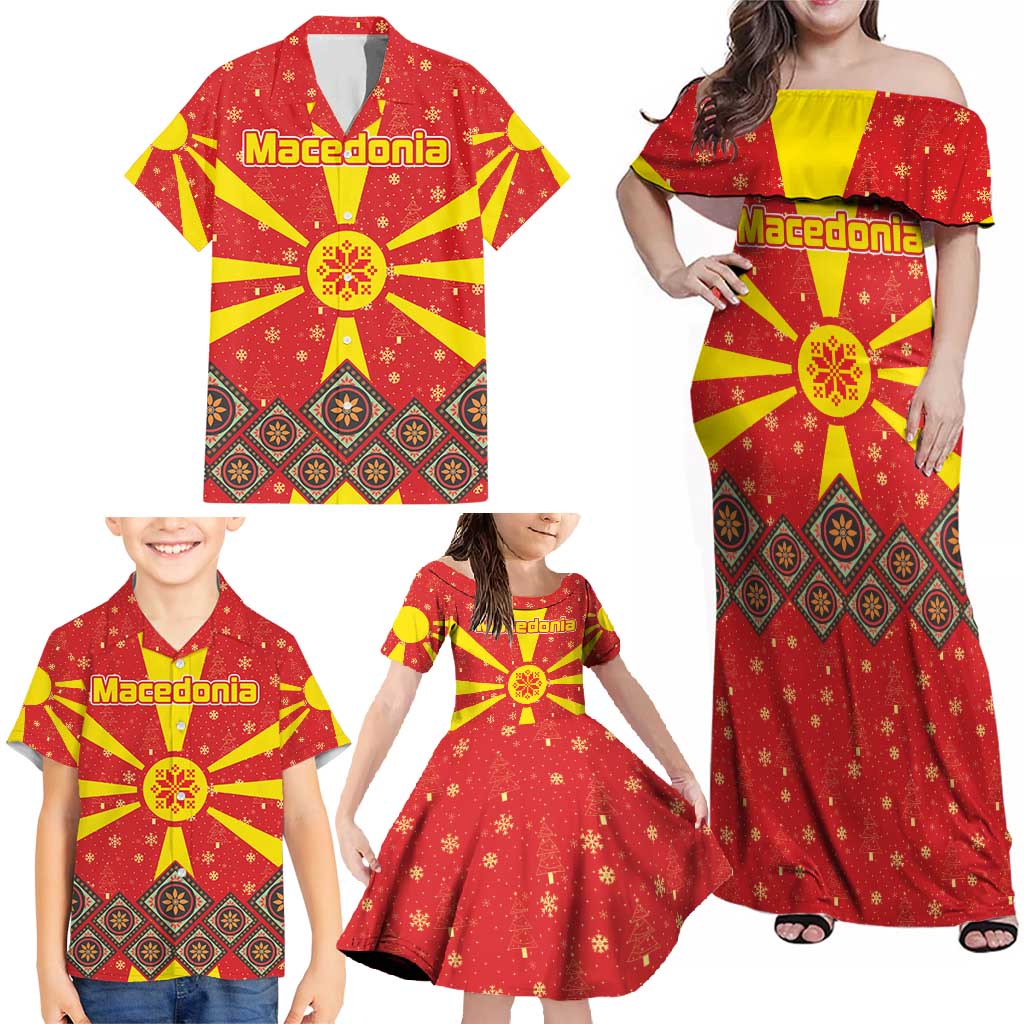 Macedonia Christmas Family Matching Off Shoulder Maxi Dress and Hawaiian Shirt with Yellow Sun, Santa, and Festive Tree Motif - Wonder Print Shop
