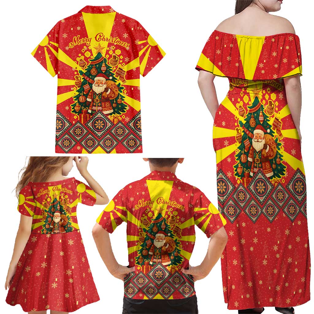 Macedonia Christmas Family Matching Off Shoulder Maxi Dress and Hawaiian Shirt with Yellow Sun, Santa, and Festive Tree Motif - Wonder Print Shop