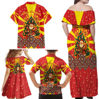 Macedonia Christmas Family Matching Off Shoulder Maxi Dress and Hawaiian Shirt with Yellow Sun, Santa, and Festive Tree Motif - Wonder Print Shop