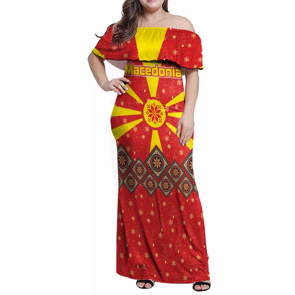 Macedonia Christmas Family Matching Off Shoulder Maxi Dress and Hawaiian Shirt with Yellow Sun, Santa, and Festive Tree Motif - Wonder Print Shop