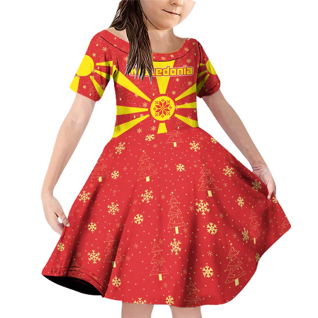 Macedonia Christmas Family Matching Off Shoulder Short Dress and Hawaiian Shirt with Yellow Sun, Santa, and Festive Tree Motif - Wonder Print Shop