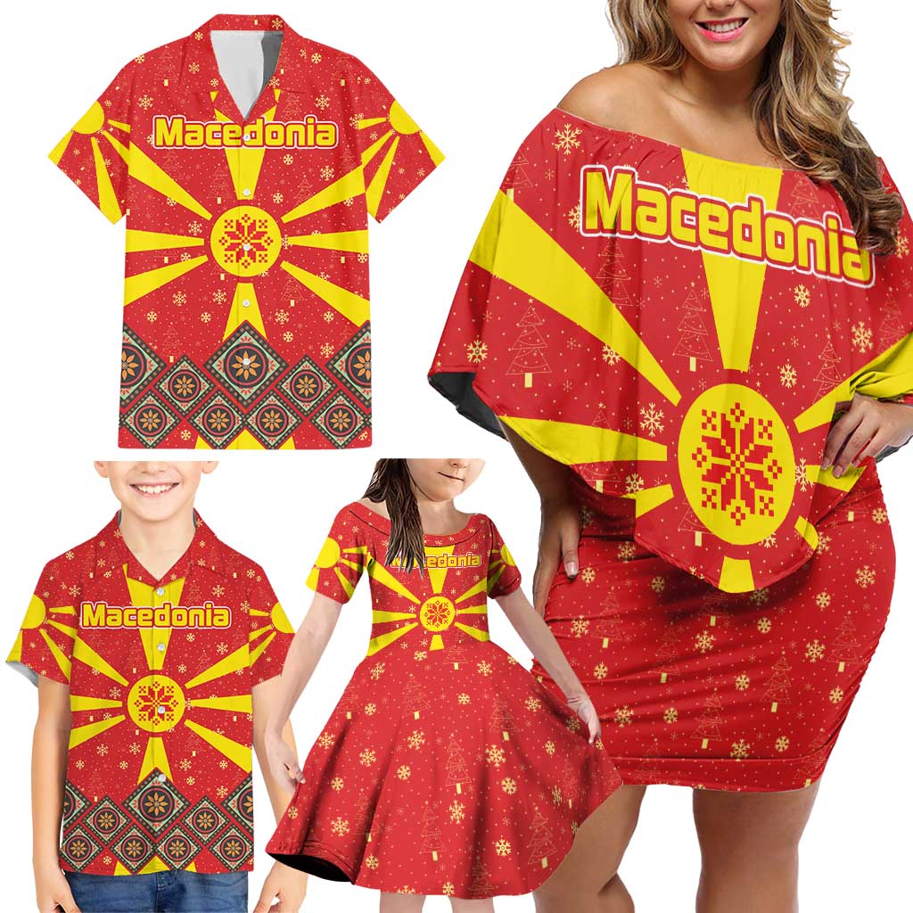 Macedonia Christmas Family Matching Off Shoulder Short Dress and Hawaiian Shirt with Yellow Sun, Santa, and Festive Tree Motif - Wonder Print Shop