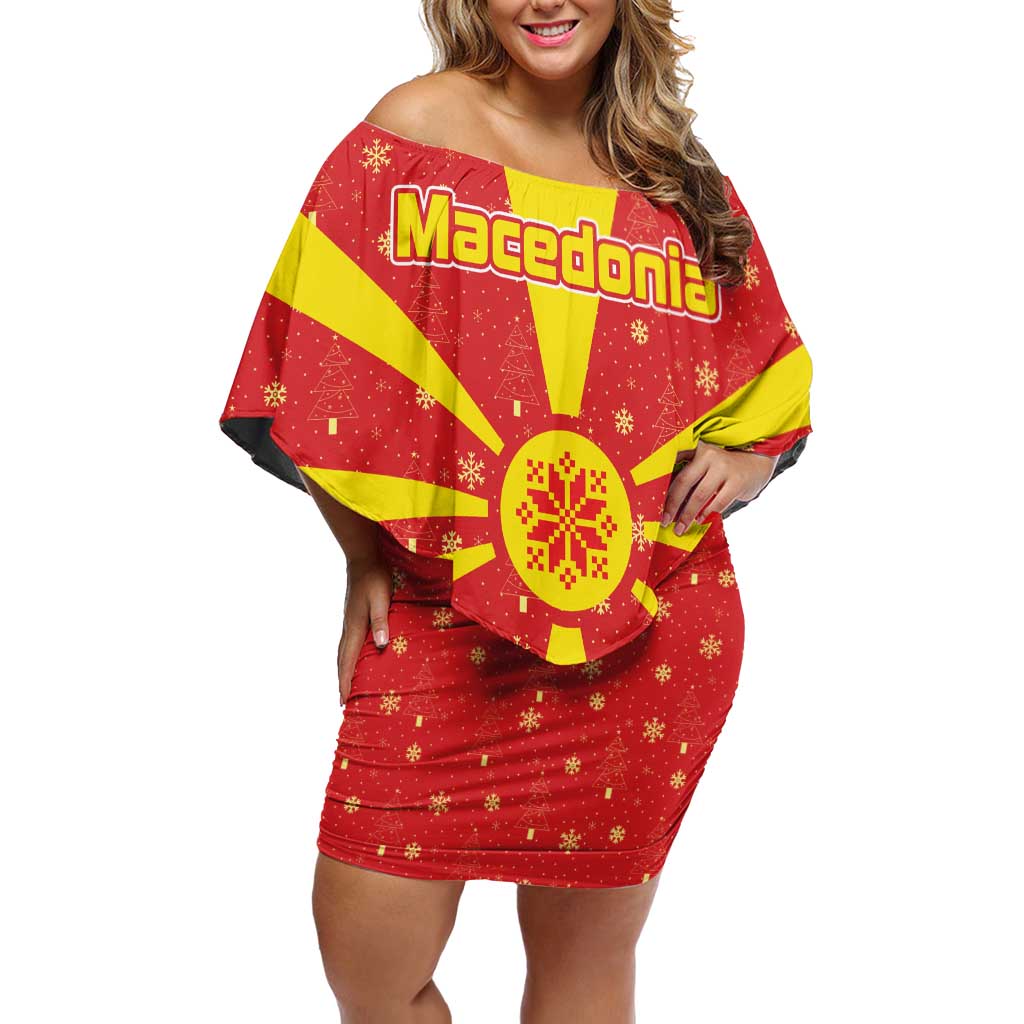 Macedonia Christmas Family Matching Off Shoulder Short Dress and Hawaiian Shirt with Yellow Sun, Santa, and Festive Tree Motif - Wonder Print Shop