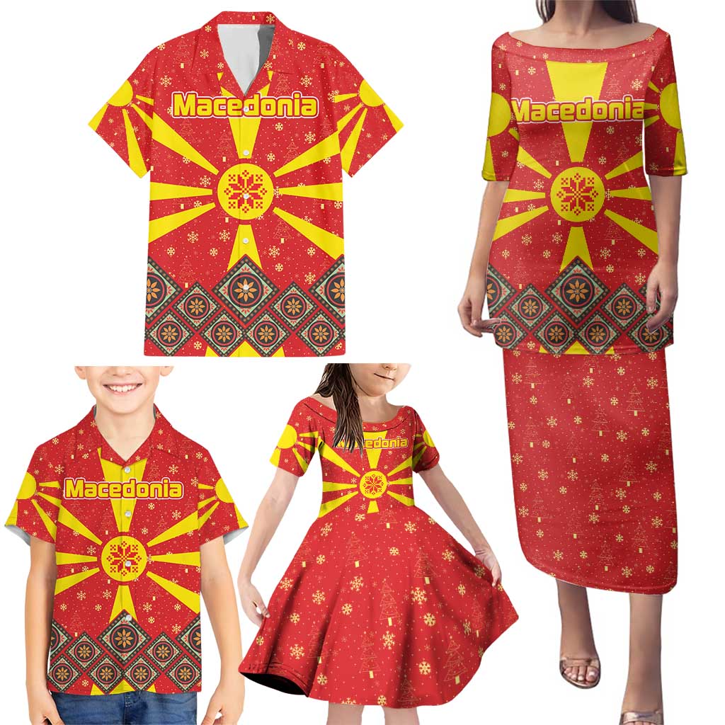 Macedonia Christmas Family Matching Puletasi and Hawaiian Shirt with Yellow Sun, Santa, and Festive Tree Motif - Wonder Print Shop