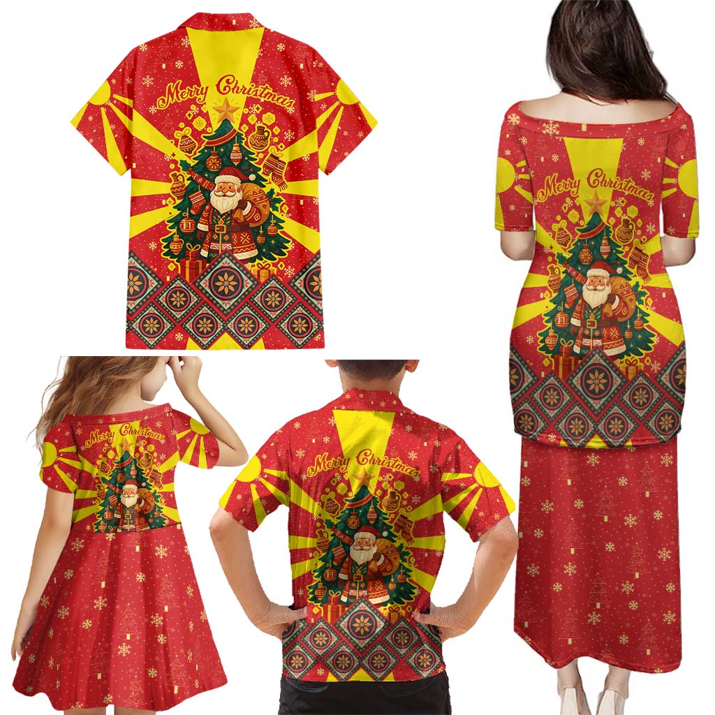 Macedonia Christmas Family Matching Puletasi and Hawaiian Shirt with Yellow Sun, Santa, and Festive Tree Motif - Wonder Print Shop