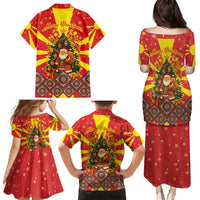 Macedonia Christmas Family Matching Puletasi and Hawaiian Shirt with Yellow Sun, Santa, and Festive Tree Motif - Wonder Print Shop