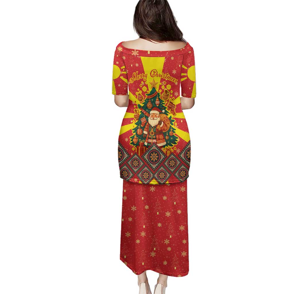 Macedonia Christmas Family Matching Puletasi and Hawaiian Shirt with Yellow Sun, Santa, and Festive Tree Motif - Wonder Print Shop