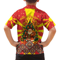 Macedonia Christmas Family Matching Short Sleeve Bodycon Dress and Hawaiian Shirt with Yellow Sun, Santa, and Festive Tree Motif - Wonder Print Shop