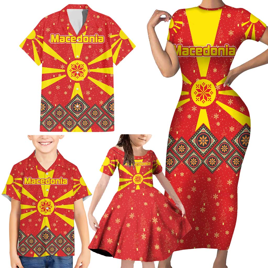 Macedonia Christmas Family Matching Short Sleeve Bodycon Dress and Hawaiian Shirt with Yellow Sun, Santa, and Festive Tree Motif - Wonder Print Shop