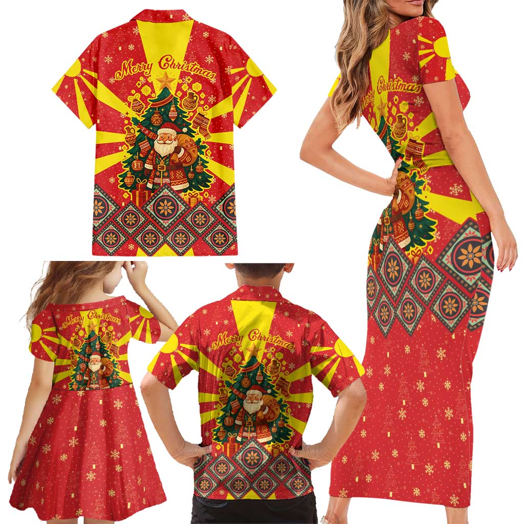 Macedonia Christmas Family Matching Short Sleeve Bodycon Dress and Hawaiian Shirt with Yellow Sun, Santa, and Festive Tree Motif - Wonder Print Shop