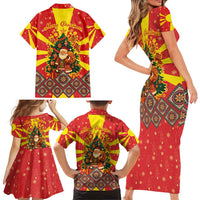 Macedonia Christmas Family Matching Short Sleeve Bodycon Dress and Hawaiian Shirt with Yellow Sun, Santa, and Festive Tree Motif - Wonder Print Shop