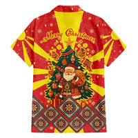 Macedonia Christmas Family Matching Short Sleeve Bodycon Dress and Hawaiian Shirt with Yellow Sun, Santa, and Festive Tree Motif - Wonder Print Shop