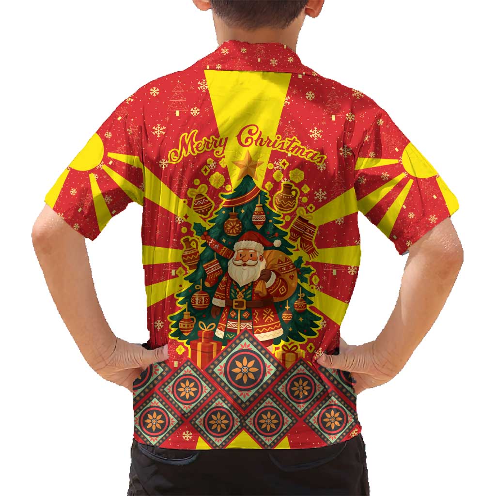 Macedonia Christmas Family Matching Summer Maxi Dress and Hawaiian Shirt with Yellow Sun, Santa, and Festive Tree Motif - Wonder Print Shop