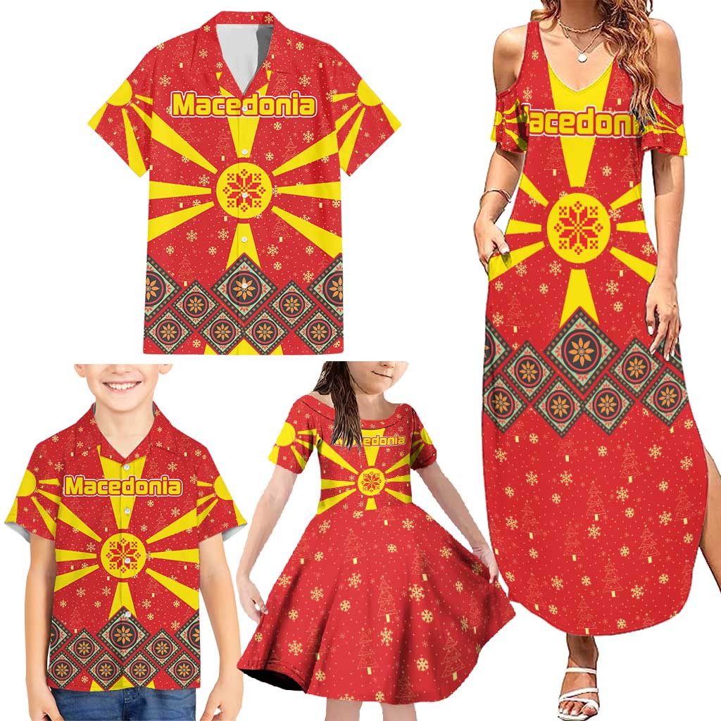 Macedonia Christmas Family Matching Summer Maxi Dress and Hawaiian Shirt with Yellow Sun, Santa, and Festive Tree Motif - Wonder Print Shop