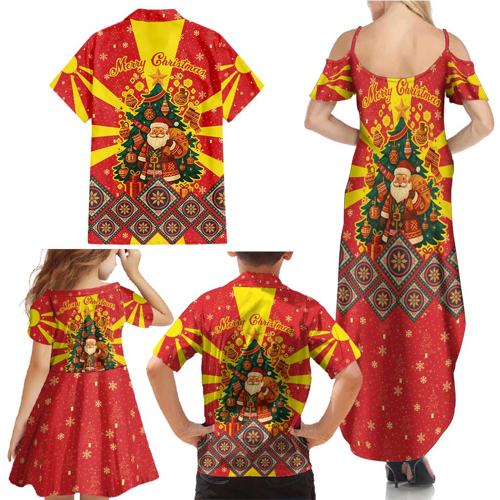 Macedonia Christmas Family Matching Summer Maxi Dress and Hawaiian Shirt with Yellow Sun, Santa, and Festive Tree Motif - Wonder Print Shop