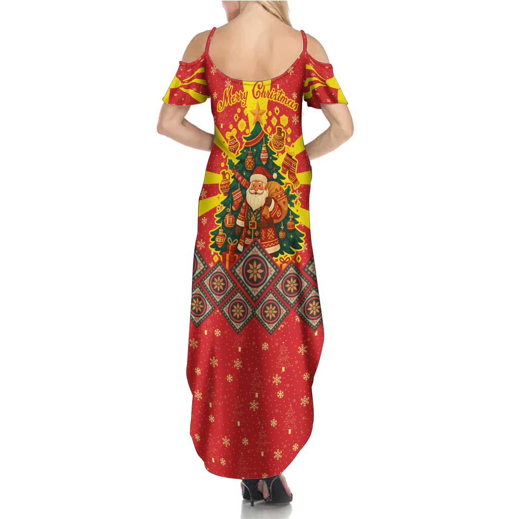 Macedonia Christmas Family Matching Summer Maxi Dress and Hawaiian Shirt with Yellow Sun, Santa, and Festive Tree Motif - Wonder Print Shop