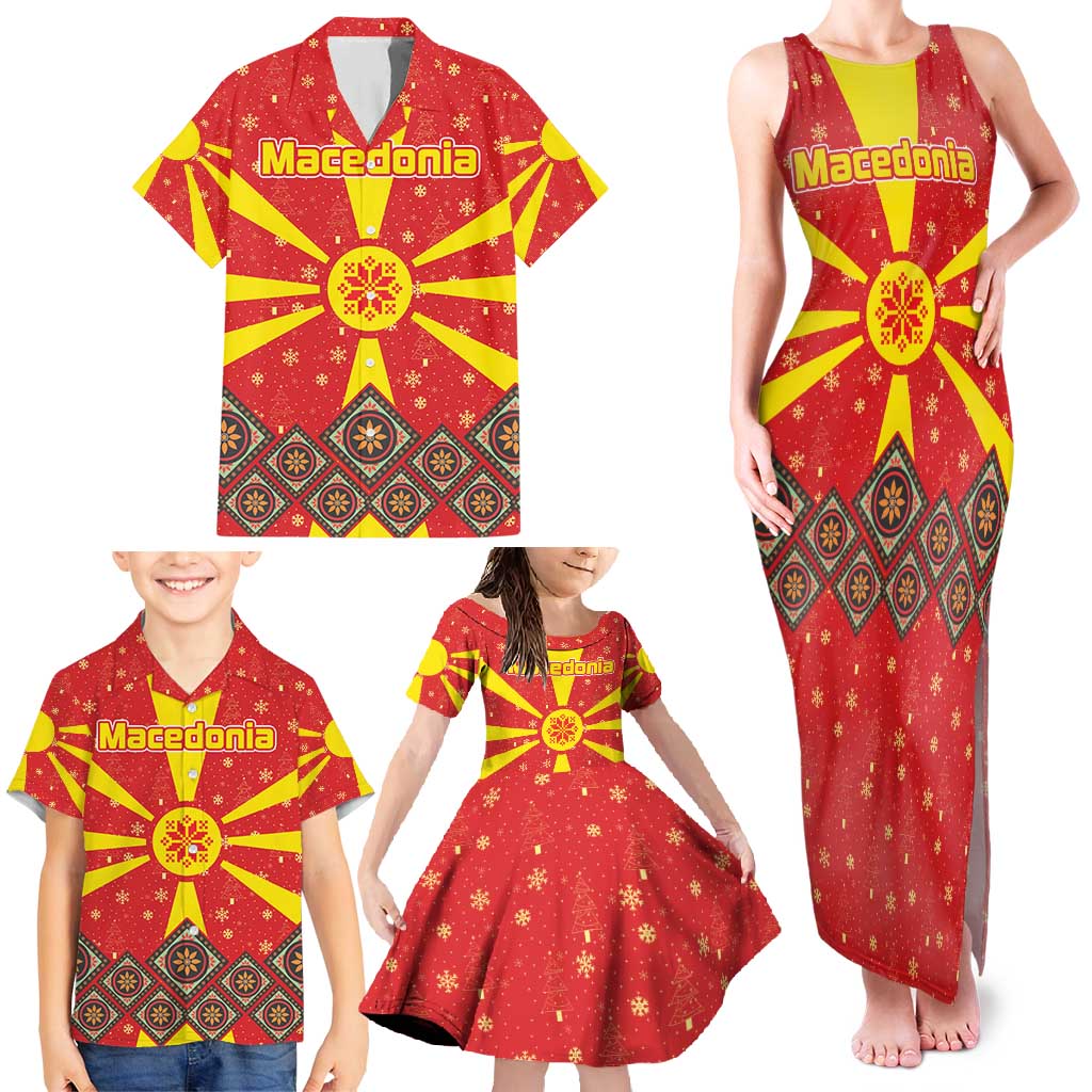 Macedonia Christmas Family Matching Tank Maxi Dress and Hawaiian Shirt with Yellow Sun, Santa, and Festive Tree Motif - Wonder Print Shop