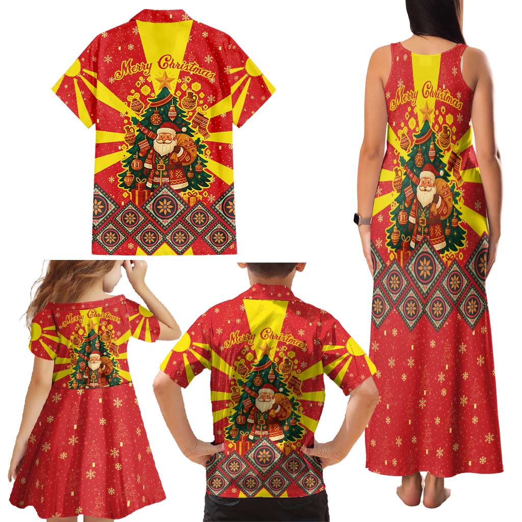 Macedonia Christmas Family Matching Tank Maxi Dress and Hawaiian Shirt with Yellow Sun, Santa, and Festive Tree Motif - Wonder Print Shop