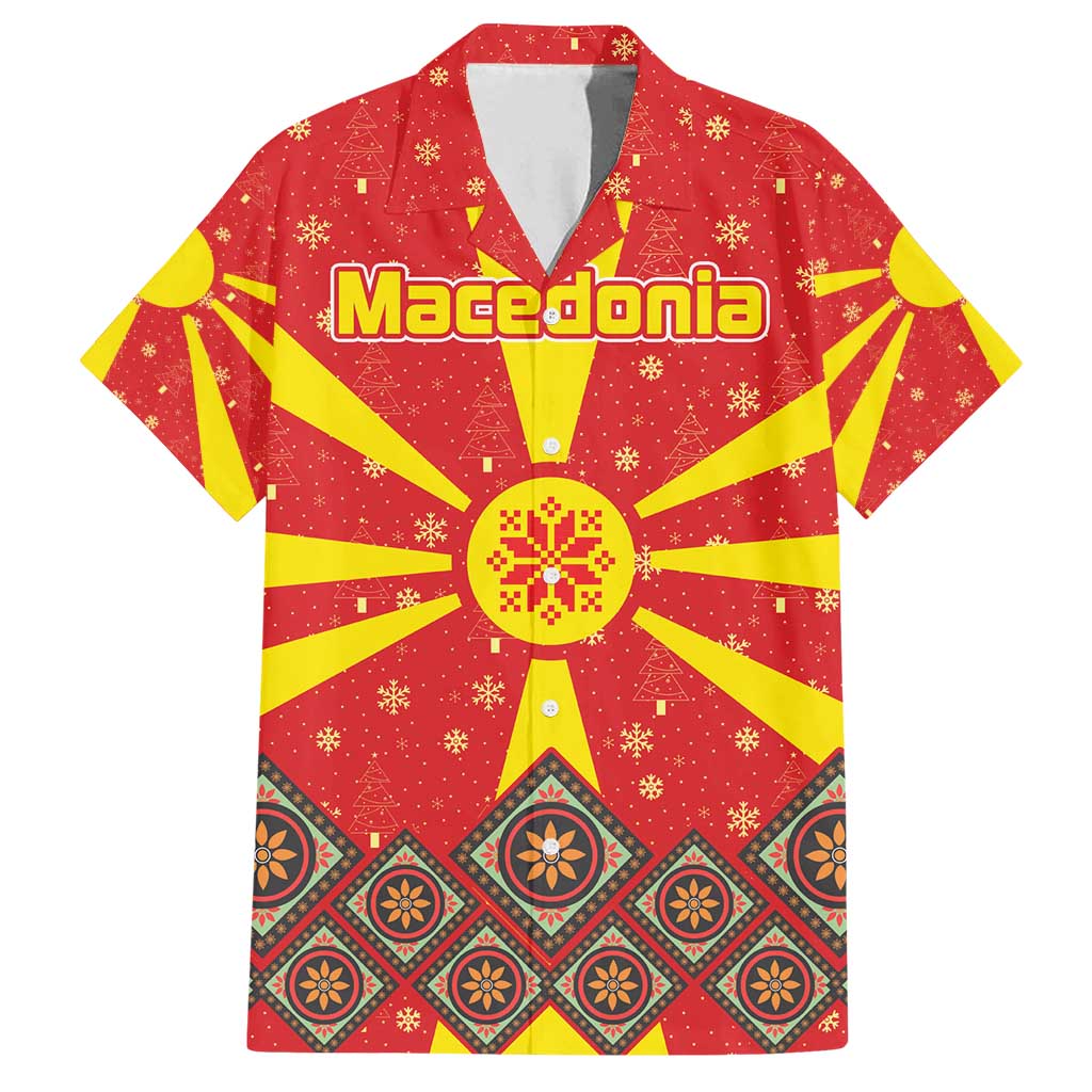 Macedonia Christmas Family Matching Tank Maxi Dress and Hawaiian Shirt with Yellow Sun, Santa, and Festive Tree Motif - Wonder Print Shop