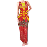 Macedonia Christmas Family Matching Tank Maxi Dress and Hawaiian Shirt with Yellow Sun, Santa, and Festive Tree Motif - Wonder Print Shop