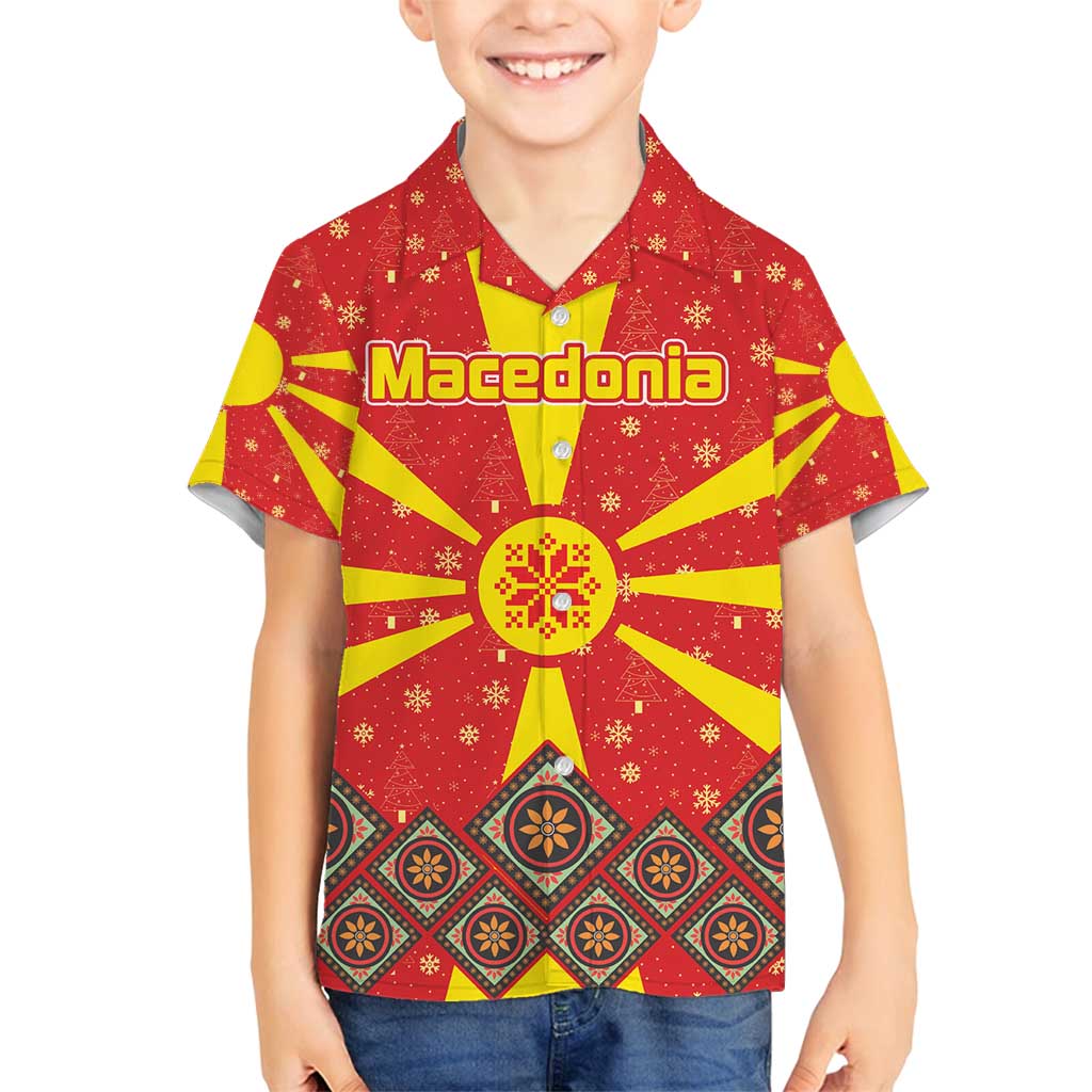 Macedonia Christmas Family Matching Tank Maxi Dress and Hawaiian Shirt with Yellow Sun, Santa, and Festive Tree Motif - Wonder Print Shop